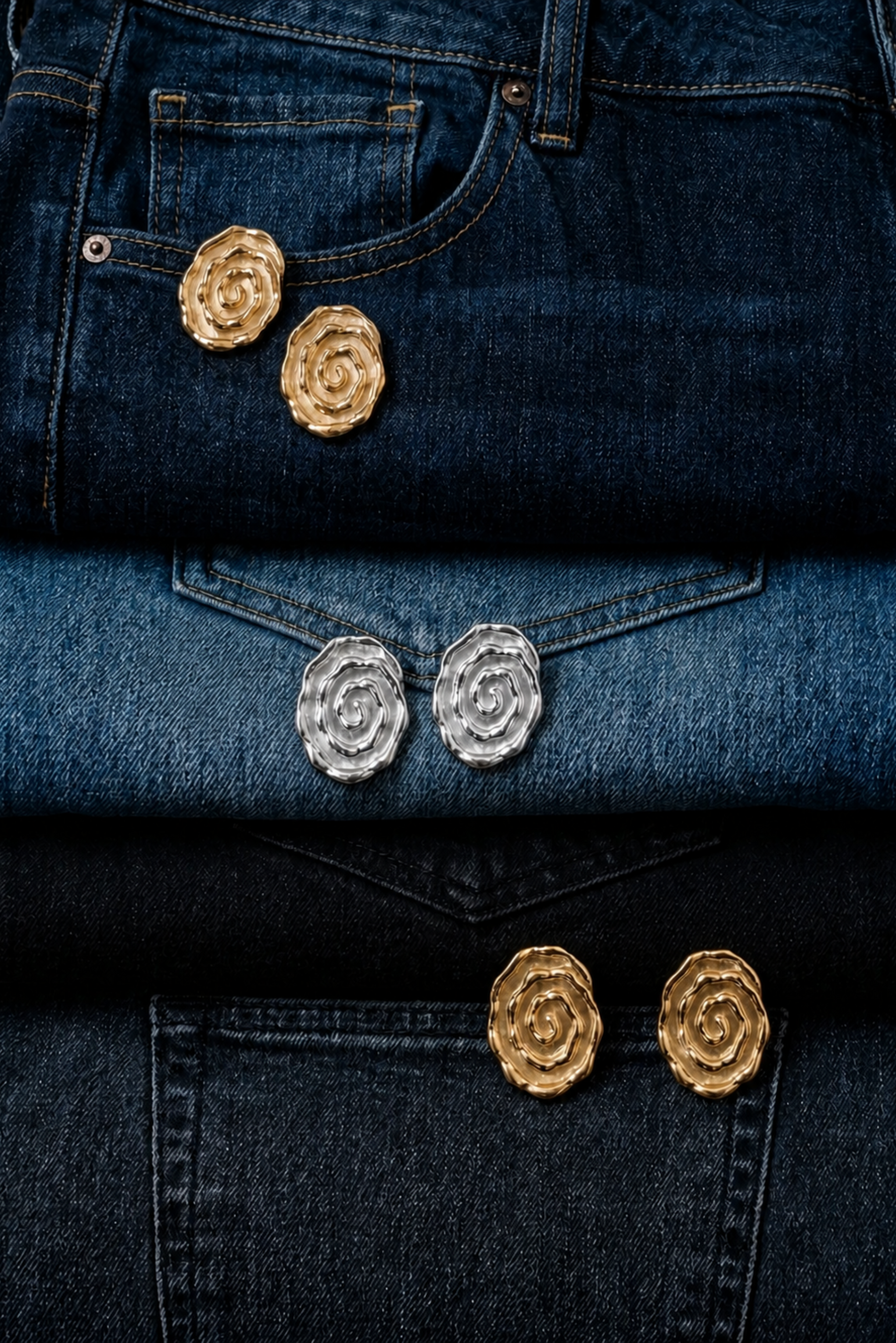 stainless steel earrings on jeans